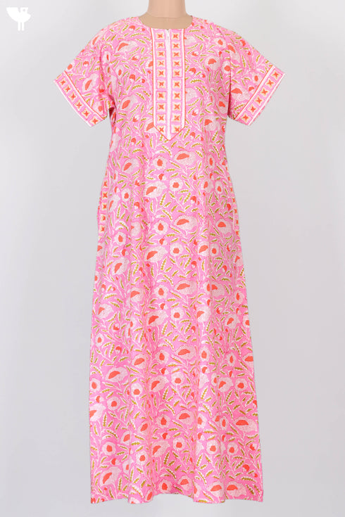 Soft Cambric Cotton Zipper Front Kaftan In Floral Block Print