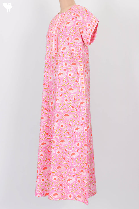 Soft Cambric Cotton Zipper Front Kaftan In Floral Block Print