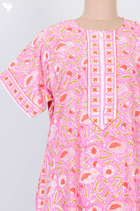 Soft Cambric Cotton Zipper Front Kaftan In Floral Block Print