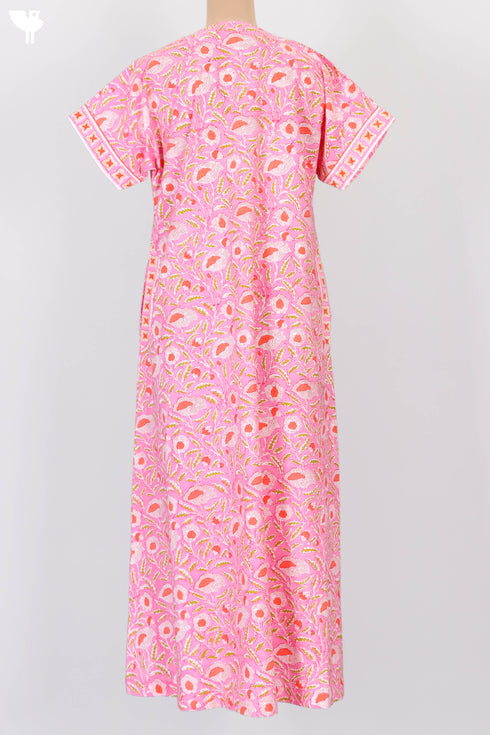 Soft Cambric Cotton Zipper Front Kaftan In Floral Block Print