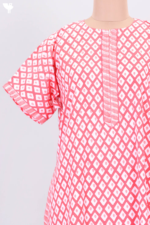 Cambric Cotton Zipper Kaftan In Graphic Block Print