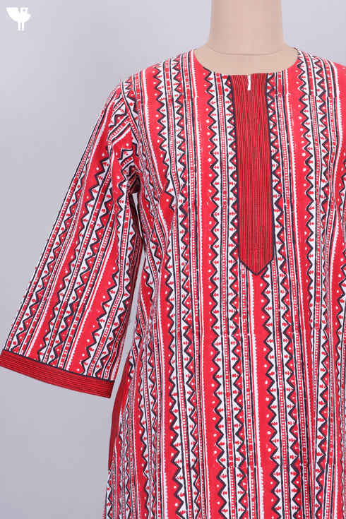 40s Cotton Zipper Front Kaftan In Graphic Block Print