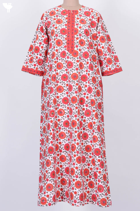 40s Cotton Zipper Front Kaftan In Floral Block Print