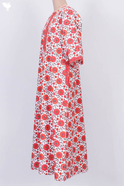 40s Cotton Zipper Front Kaftan In Floral Block Print