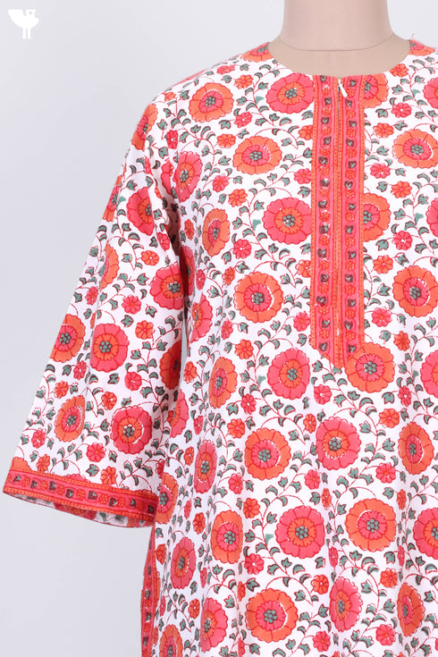 40s Cotton Zipper Front Kaftan In Floral Block Print