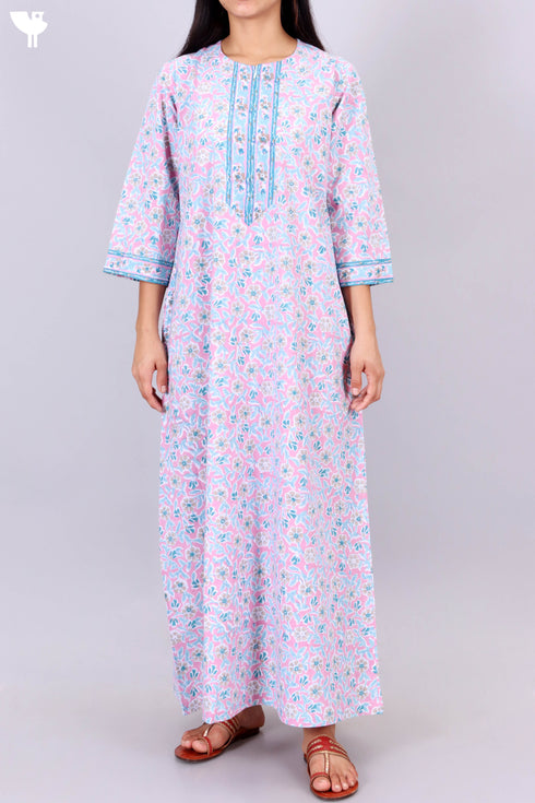 40s Cotton Zipper Front Kaftan In Floral Block Print