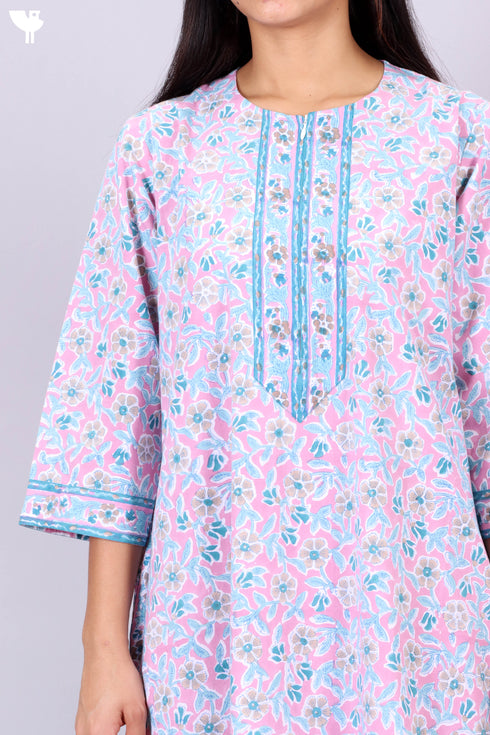 40s Cotton Zipper Front Kaftan In Floral Block Print