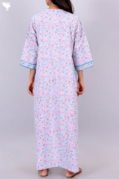 40s Cotton Zipper Front Kaftan In Floral Block Print