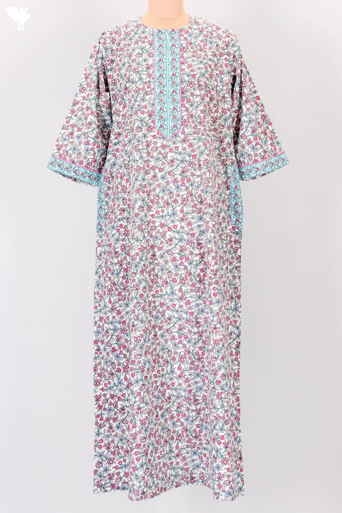 Soft Cotton Zipper Front Kaftan In Floral Block Print