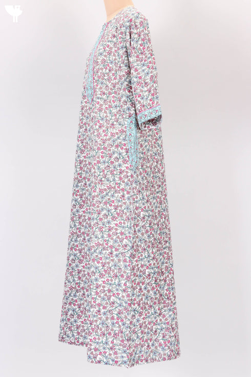Soft Cotton Zipper Front Kaftan In Floral Block Print