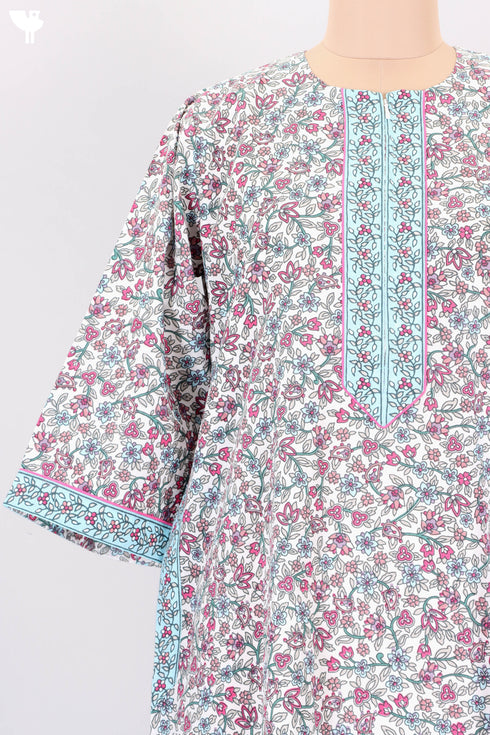 Soft Cotton Zipper Front Kaftan In Floral Block Print
