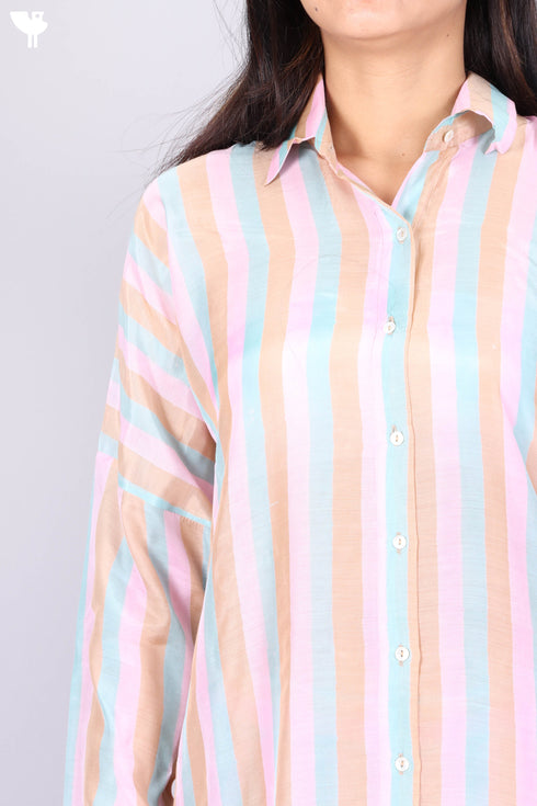 Modal Silk Full Sleeved Pajama Set In Striped Block Print