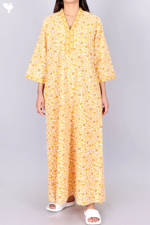 60’s Cotton V-Neck Full Sleeved Kaftan In Floral Print