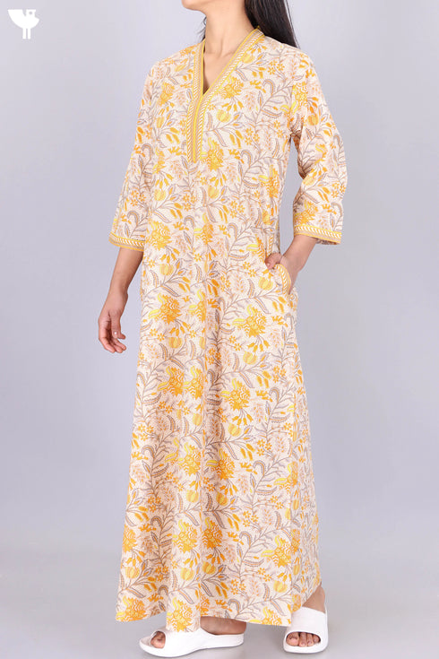 60’s Cotton V-Neck Full Sleeved Kaftan In Floral Print