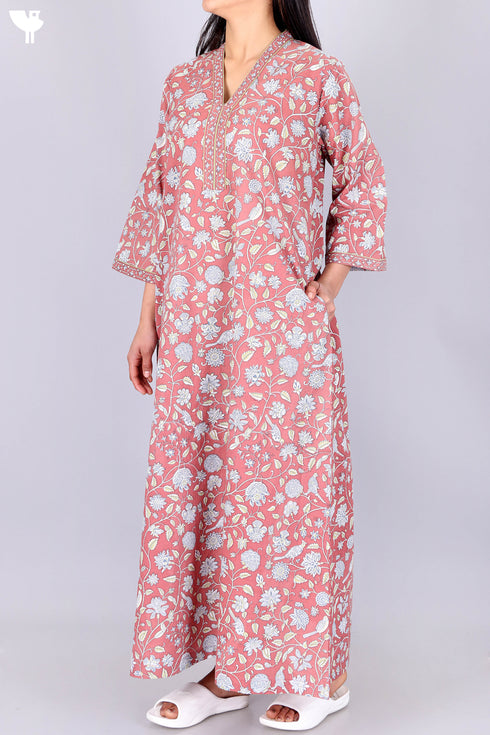 60’s Cotton V-Neck Full Sleeved Kaftan In Floral Print