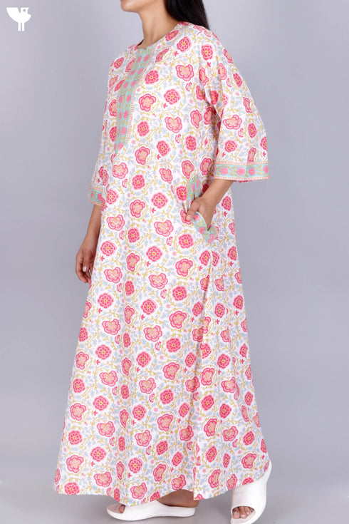 60’s Cotton Zipper Kaftan In Floral Block Print