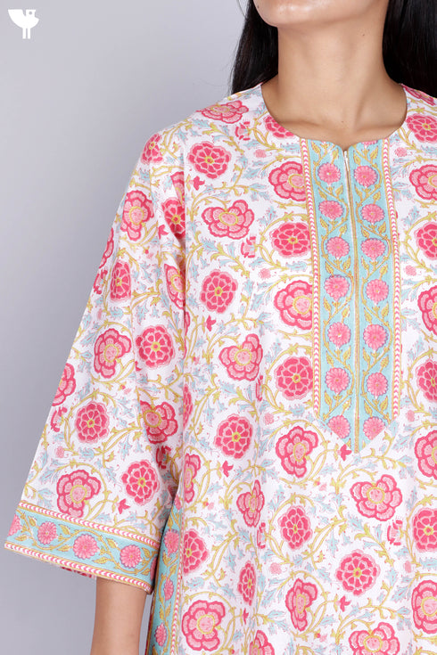60’s Cotton Zipper Kaftan In Floral Block Print