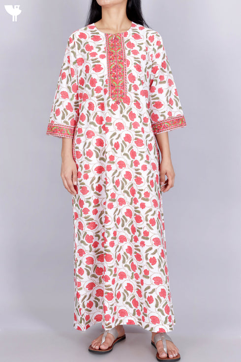60’s Cotton Zipper Kaftan In Floral Block Print