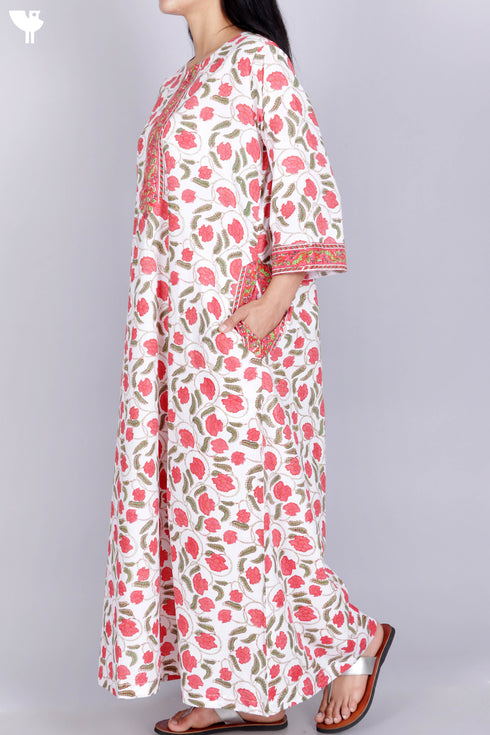 60’s Cotton Zipper Kaftan In Floral Block Print