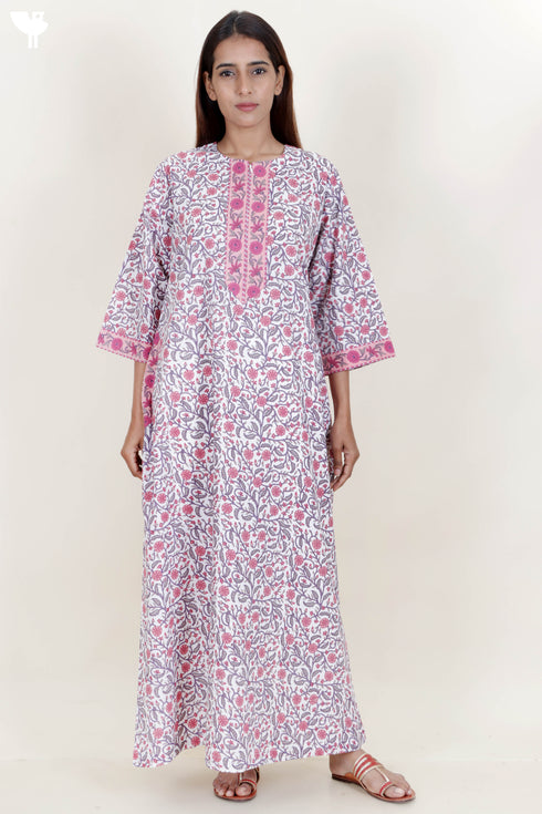 60’s Cotton Zipper Kaftan In Floral Print