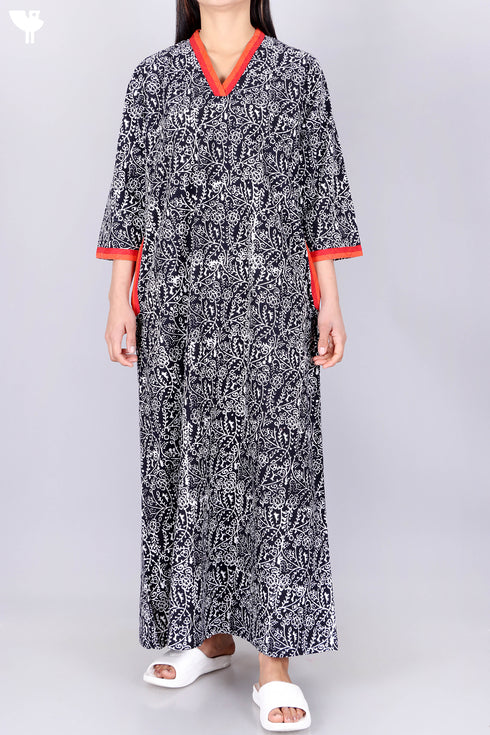 40’s Cotton V-Neck Full Sleeved Kaftan In Floral Print