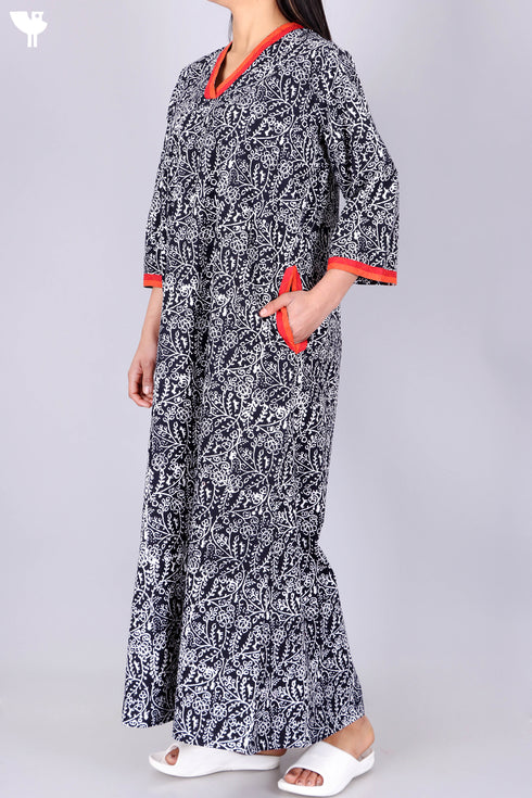 40’s Cotton V-Neck Full Sleeved Kaftan In Floral Print