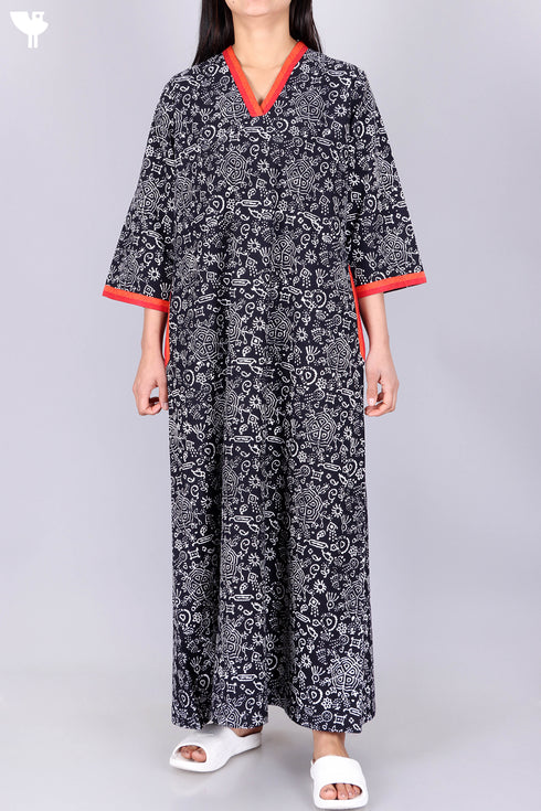 40’s Cotton V-Neck Full Sleeved Kaftan In Floral Print