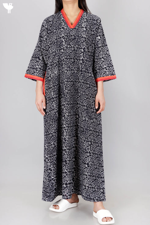 40’s Cotton V-Neck Full Sleeved Kaftan In Floral Print