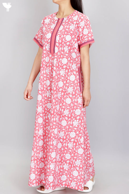 60’s Cotton Zip Kaftan In Floral Block Print