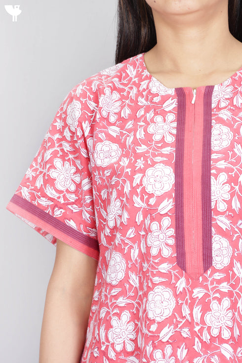 60’s Cotton Zip Kaftan In Floral Block Print