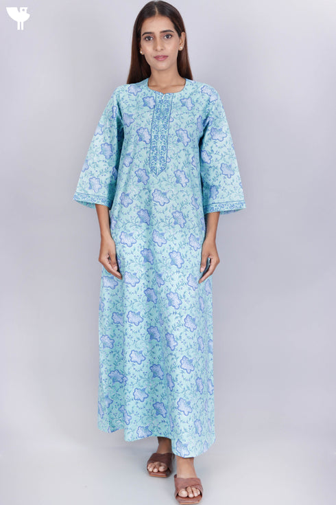 60’s Cotton Zipper Kaftan In Floral Block Print