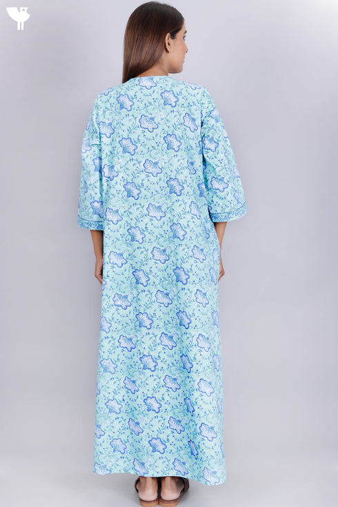 60’s Cotton Zipper Kaftan In Floral Block Print
