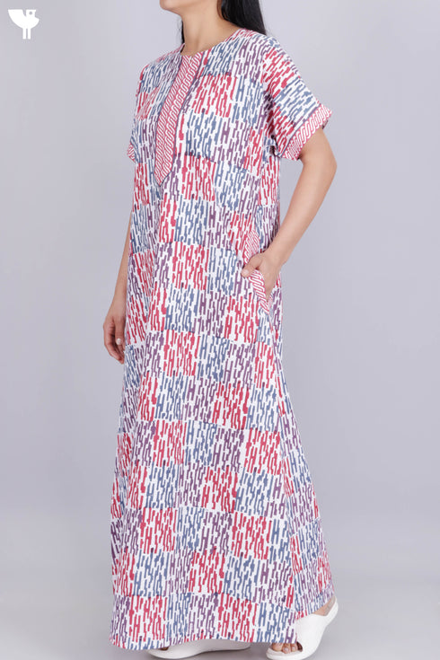 40’s Cotton Zipper Kaftan In Graphic Block Print