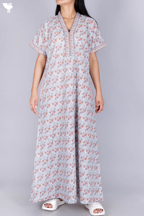 60’s Cotton V-neck Kaftan In Floral Print