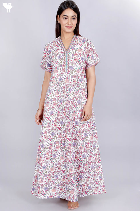 60’s Cotton V-neck Kaftan In Floral Print
