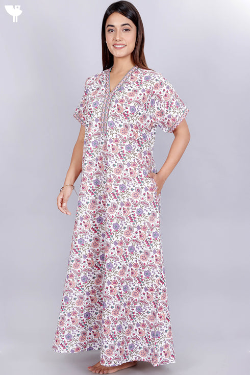 60’s Cotton V-neck Kaftan In Floral Print