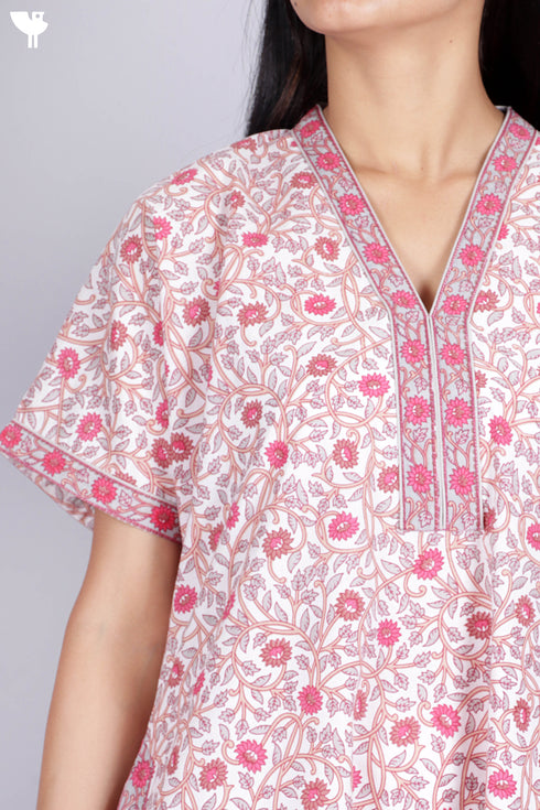 60’s Cotton V-neck Kaftan In Floral Print