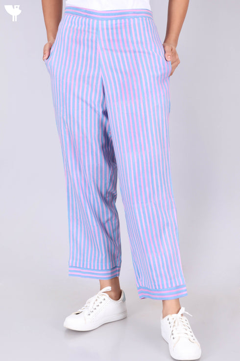 Cambric Cotton Block Printed Pants With Elasticated Waist Band