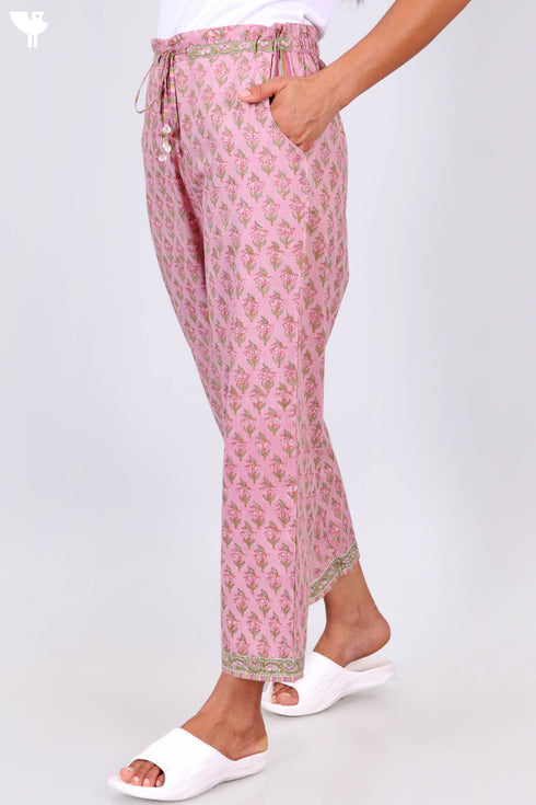Cambric Cotton Block Printed Pants With Elasticated Waist Band