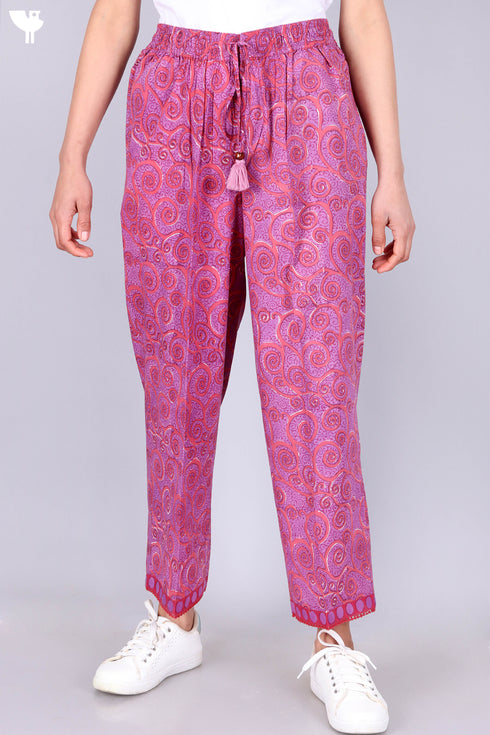 Slub Cotton Block Printed Pants With Elasticated Waist Band