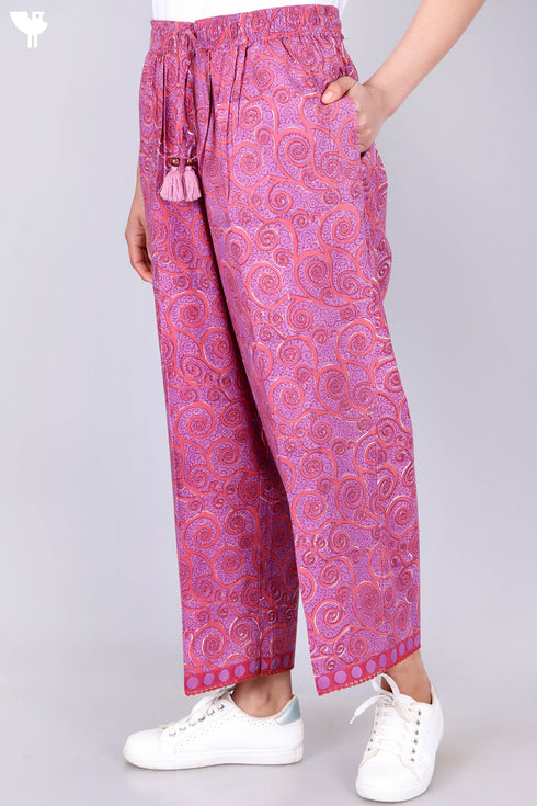 Slub Cotton Block Printed Pants With Elasticated Waist Band