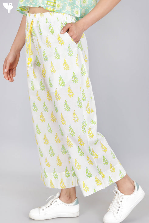 Cambric Cotton Palazzo Pants With Floral Block Print