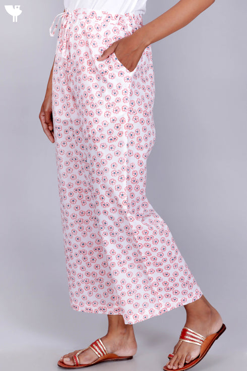 Cambric Cotton Palazzo Pants With Floral Block Print
