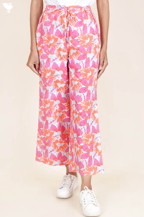 Cambric Cotton Palazzo Pants With Floral Block Print