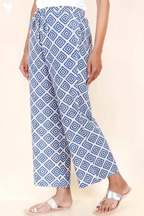 Cambric Cotton Palazzo Pants in Geometric Block Print