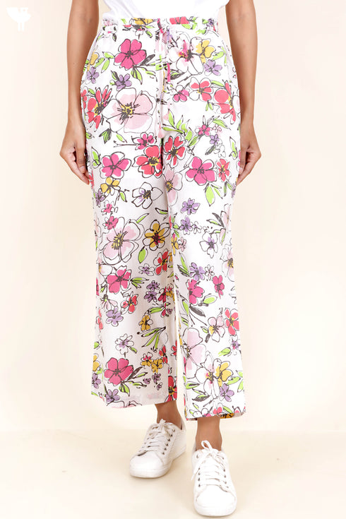 Cambric Cotton Palazzo Pants In Floral Print