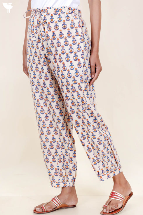 Cambric Cotton Harem Pants In Block Print