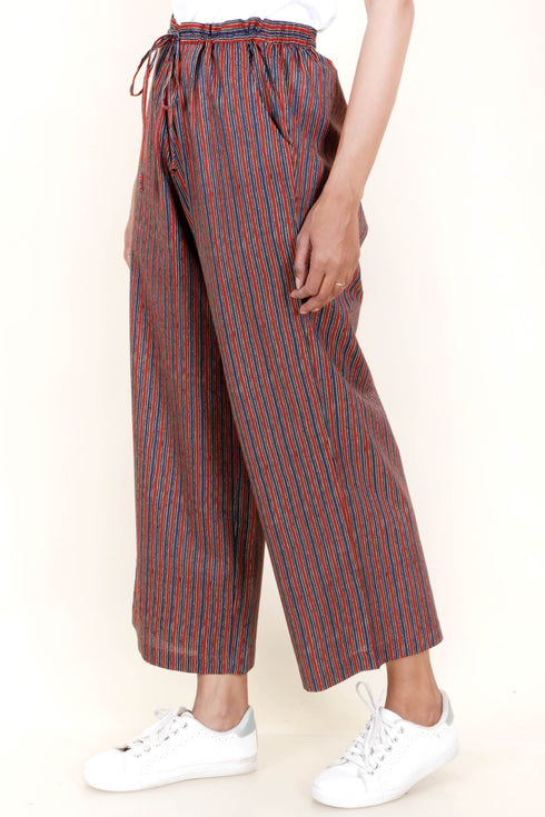 Cambric Cotton Palazzo Pants In Stripe Block Print