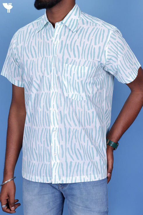 Regular Fit Cambric Cotton Men’s Half Sleeved Shirt In Graphic Block Print