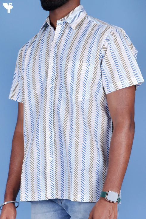 Regular Fit Cambric Cotton Men’s Half Sleeved Shirt In Graphic Block Print